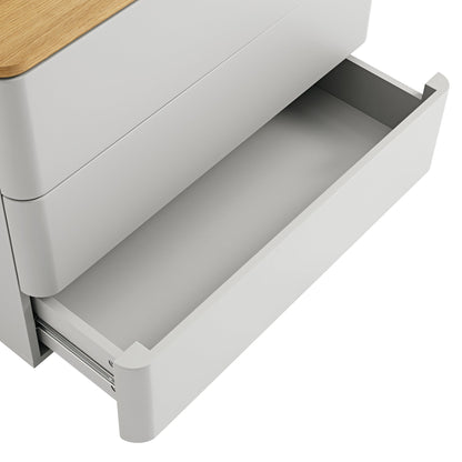 Commode 3 tiroirs à bords incurvés Agnes, gris tourterelle avec plateau en chêne