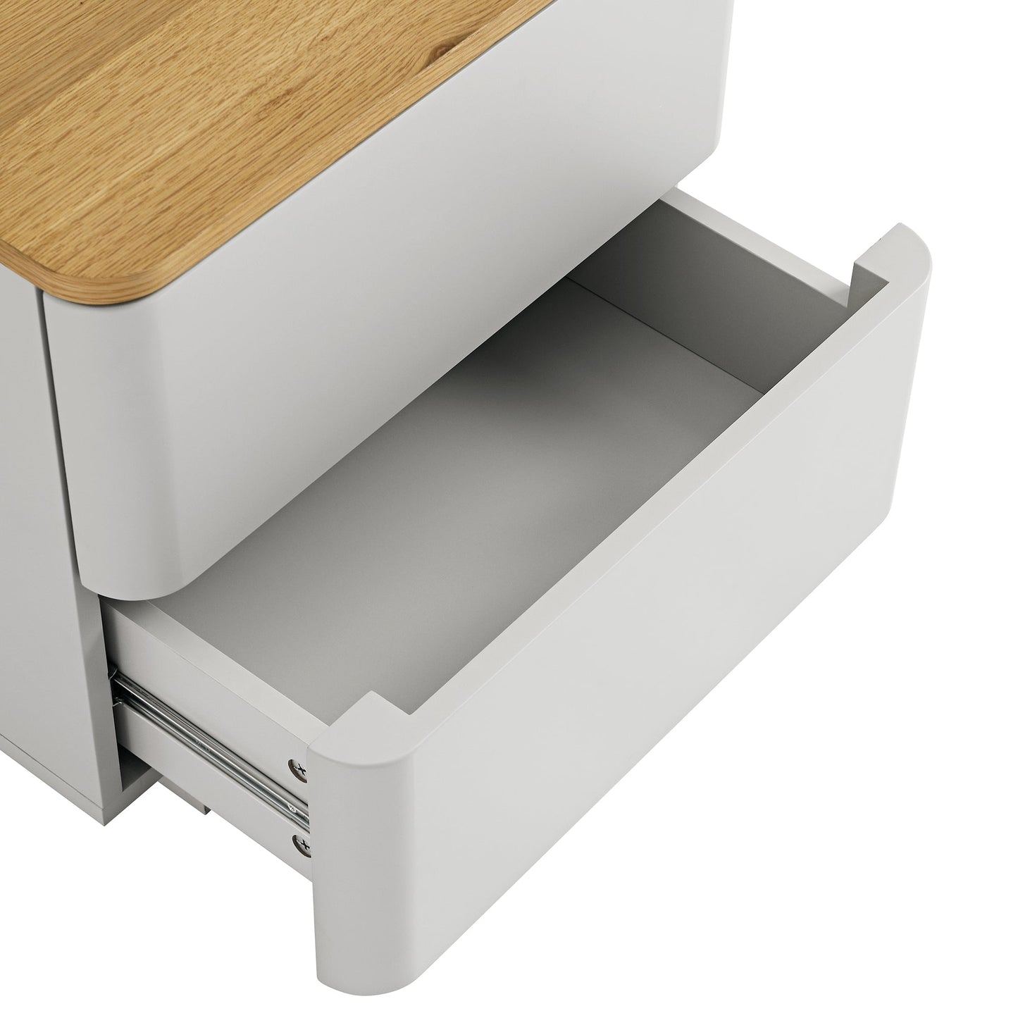 Table de chevet Agnes à 2 tiroirs et bords incurvés, gris tourterelle avec plateau en chêne