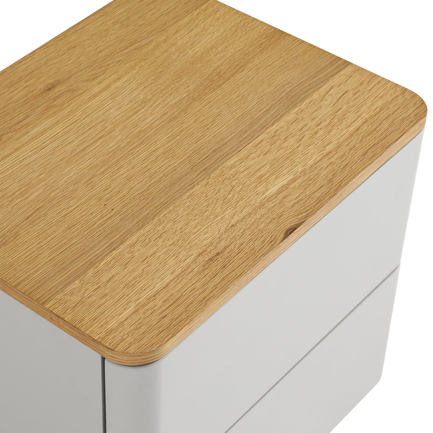 Table de chevet Agnes à 2 tiroirs et bords incurvés, gris tourterelle avec plateau en chêne
