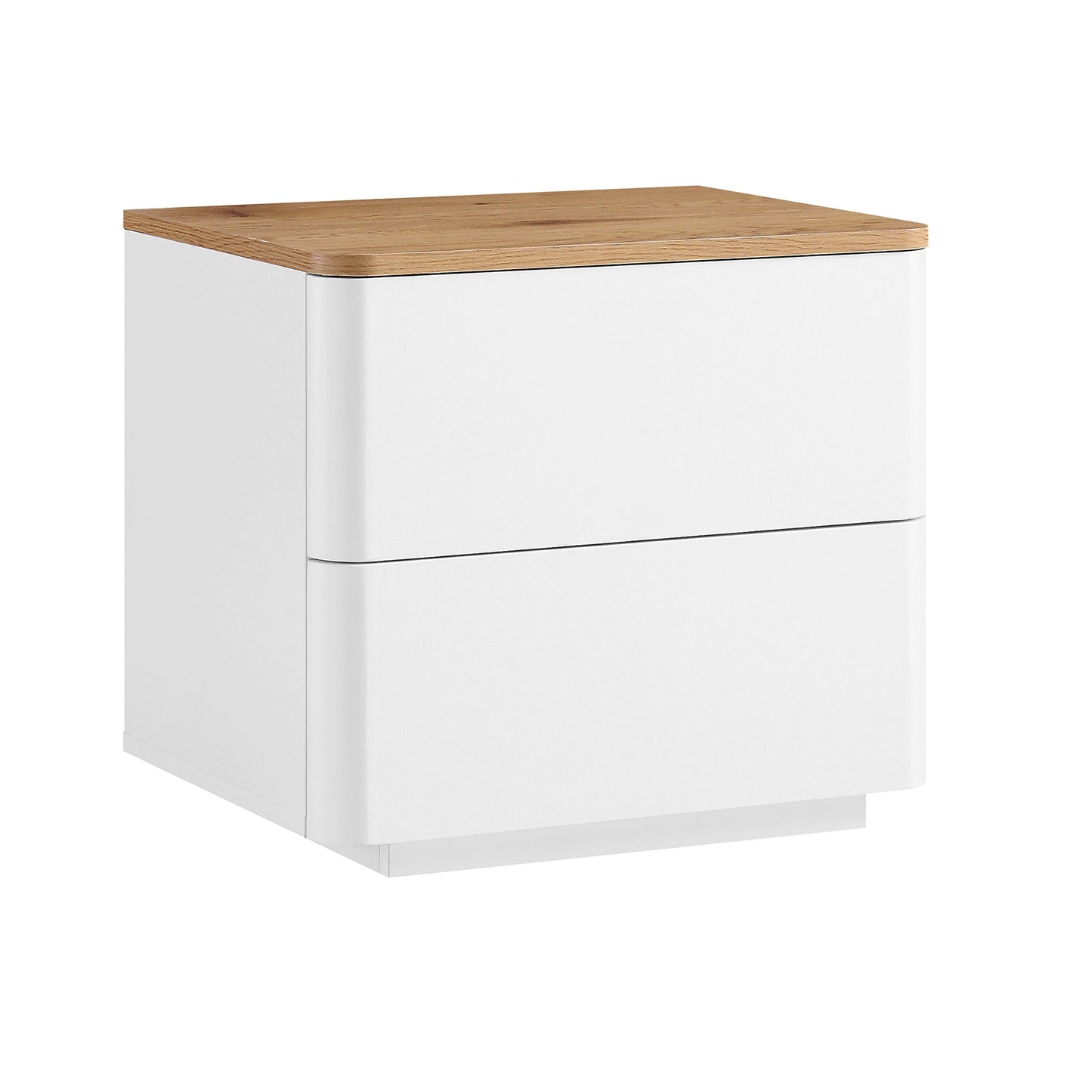 Table de chevet Agnes à 2 tiroirs et bords incurvés, blanc cassé avec plateau en chêne