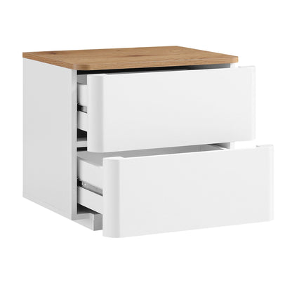 Table de chevet Agnes à 2 tiroirs et bords incurvés, blanc cassé avec plateau en chêne