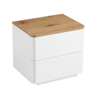 Table de chevet Agnes à 2 tiroirs et bords incurvés, blanc cassé avec plateau en chêne