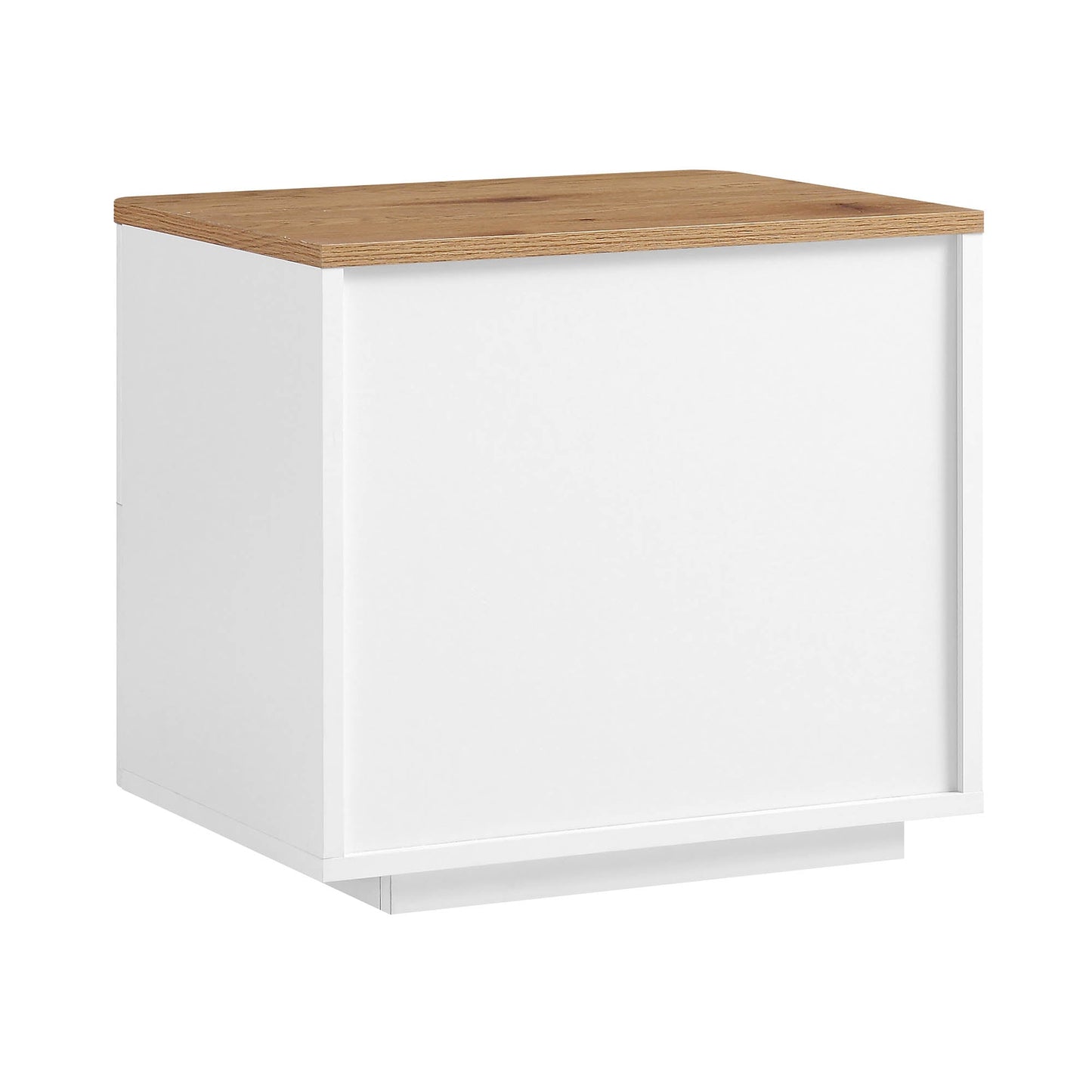 Table de chevet Agnes à 2 tiroirs et bords incurvés, blanc cassé avec plateau en chêne