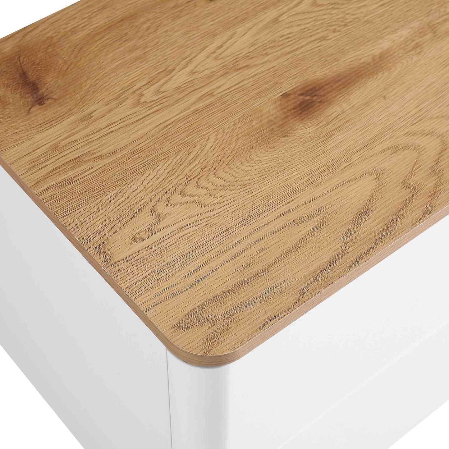 Table de chevet Agnes à 2 tiroirs et bords incurvés, blanc cassé avec plateau en chêne
