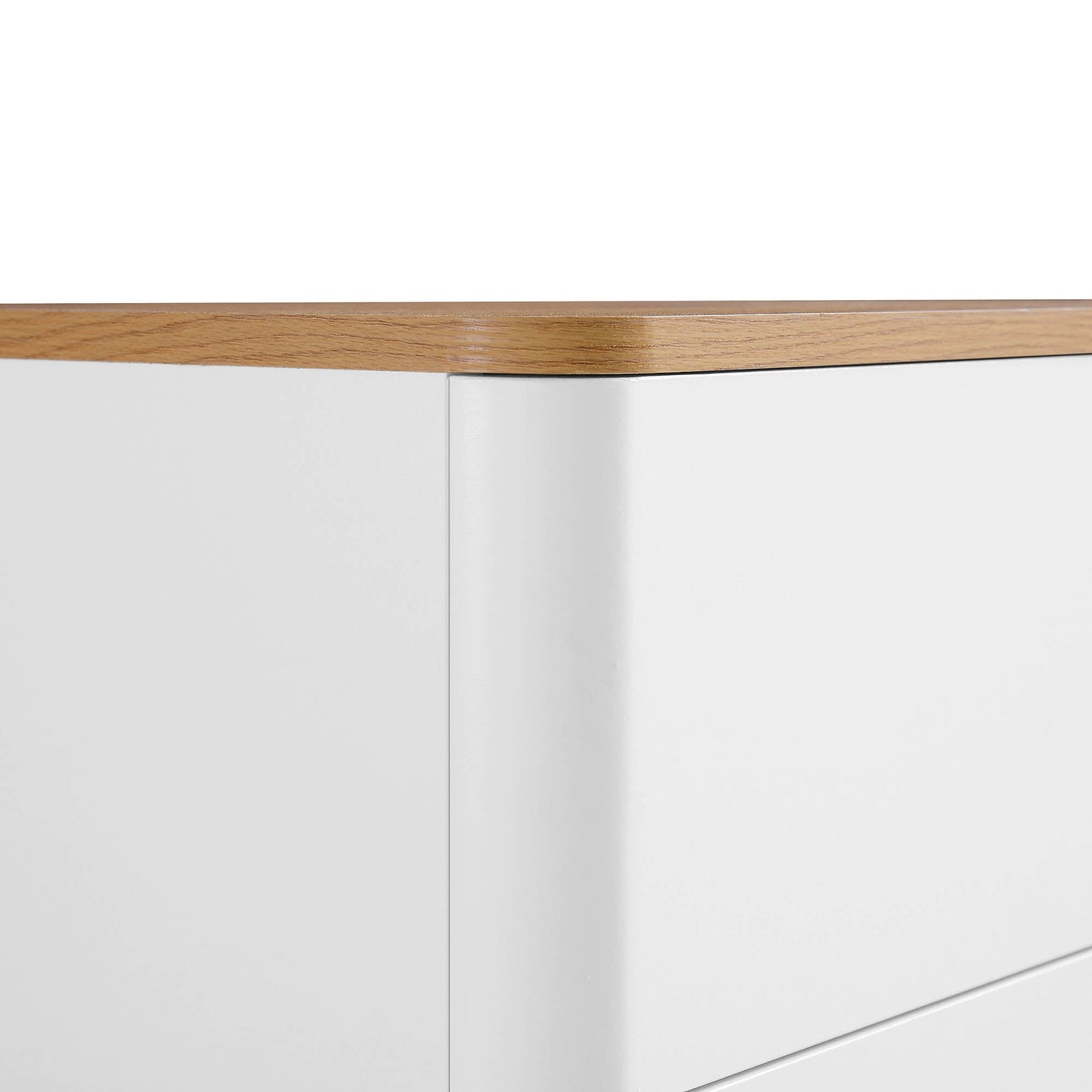 Table de chevet Agnes à 2 tiroirs et bords incurvés, blanc cassé avec plateau en chêne