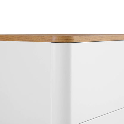 Table de chevet Agnes à 2 tiroirs et bords incurvés, blanc cassé avec plateau en chêne
