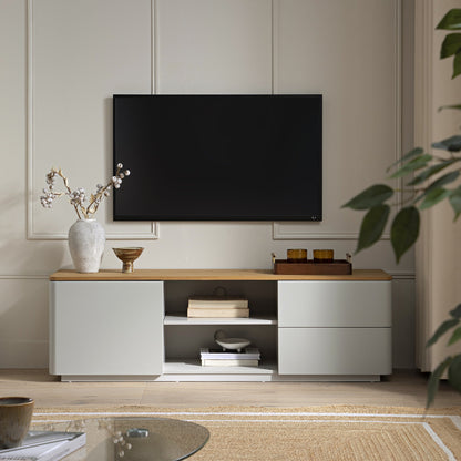 Meuble TV Agnes à bords incurvés de 59 po de large, gris tourterelle avec plateau en chêne