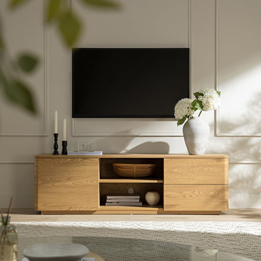 Meuble TV large Agnes à bords incurvés de 59 po, naturel
