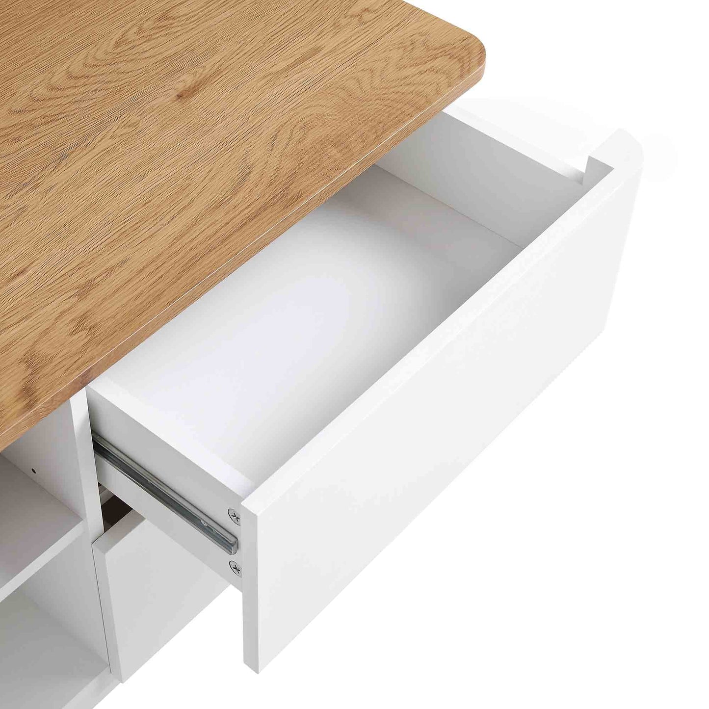 Meuble TV Agnes à bords incurvés de 59 po de large, blanc cassé avec plateau en chêne