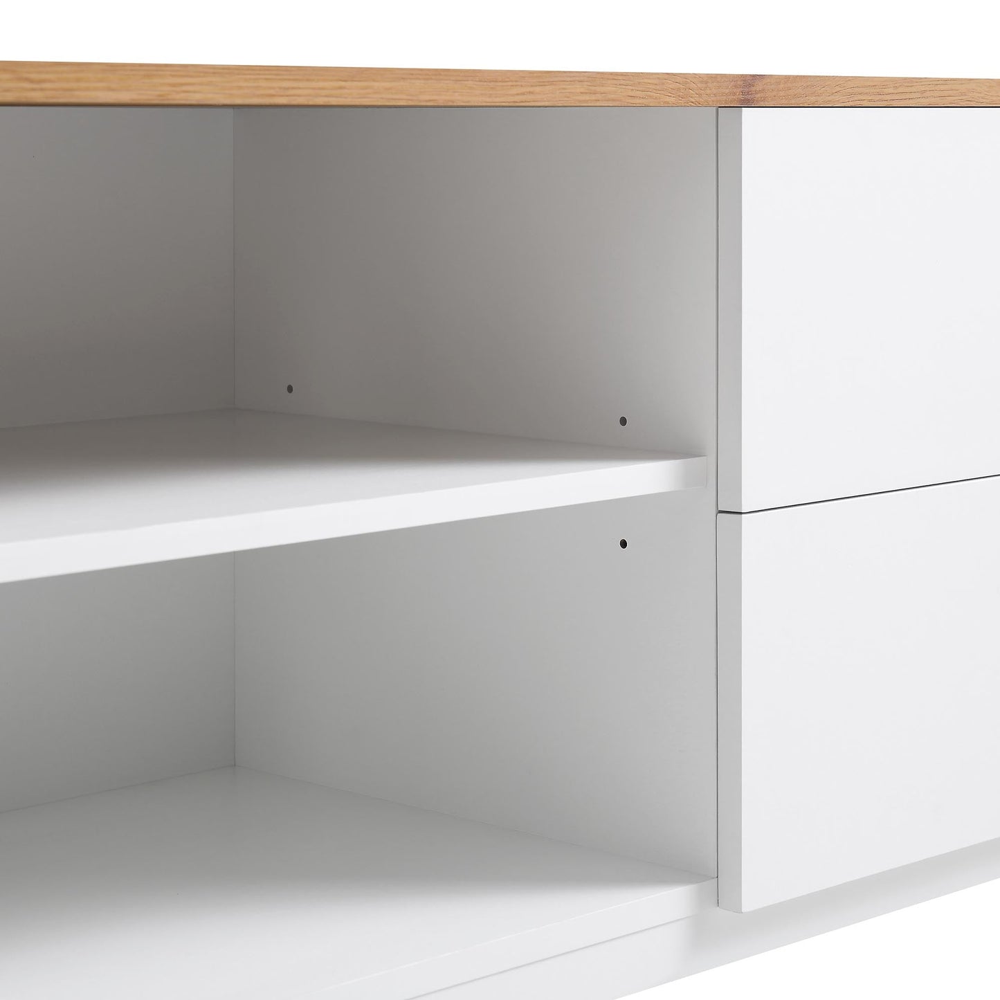 Meuble TV Agnes à bords incurvés de 59 po de large, blanc cassé avec plateau en chêne