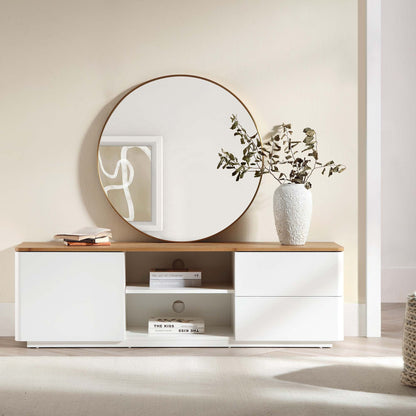 Meuble TV Agnes à bords incurvés de 59 po de large, blanc cassé avec plateau en chêne