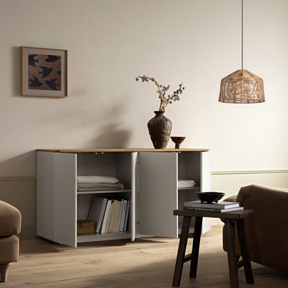Buffet Agnes à bords incurvés, 59 po de large, gris tourterelle, plateau en chêne