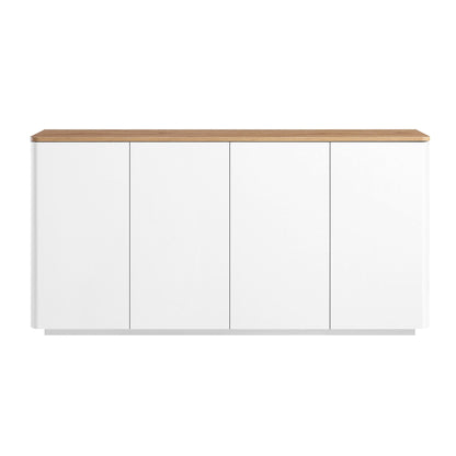 Buffet Agnes à bords incurvés de 140 cm de large, blanc cassé, plateau en chêne