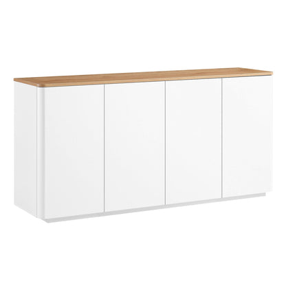 Buffet Agnes à bords incurvés de 140 cm de large, blanc cassé, plateau en chêne