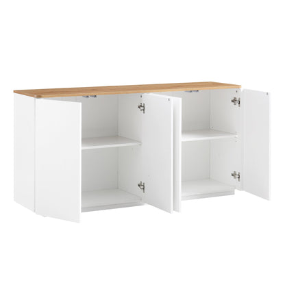 Buffet Agnes à bords incurvés de 140 cm de large, blanc cassé, plateau en chêne