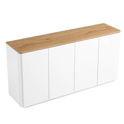 Buffet Agnes à bords incurvés de 140 cm de large, blanc cassé, plateau en chêne