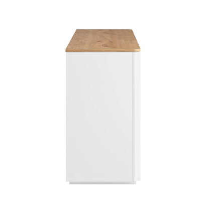 Buffet Agnes à bords incurvés de 140 cm de large, blanc cassé, plateau en chêne