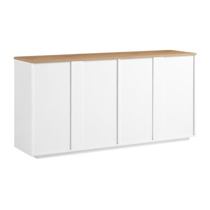Buffet Agnes à bords incurvés de 140 cm de large, blanc cassé, plateau en chêne