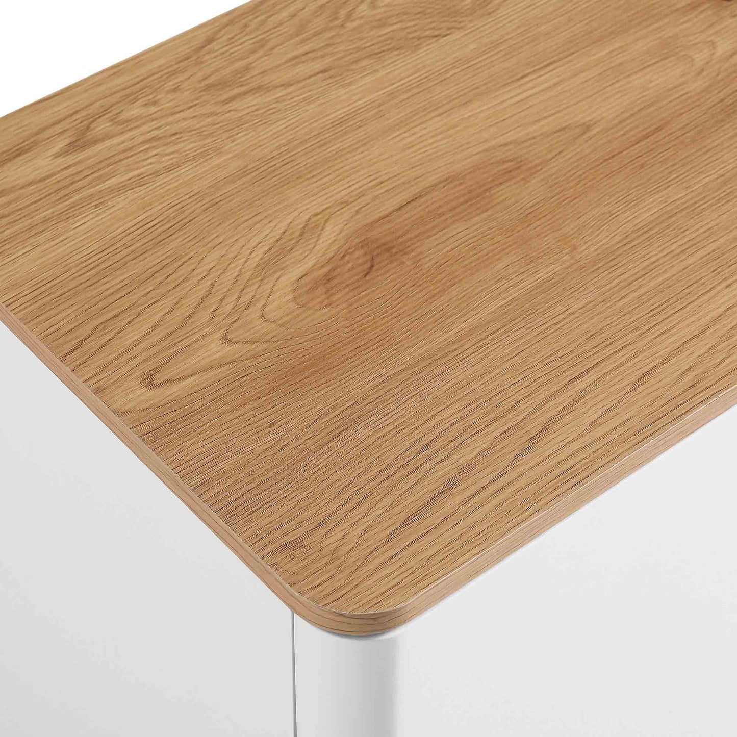 Buffet Agnes à bords incurvés de 140 cm de large, blanc cassé, plateau en chêne