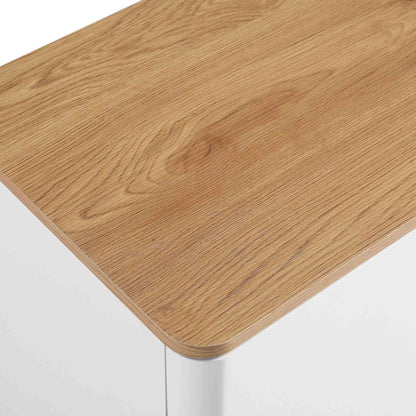 Buffet Agnes à bords incurvés de 140 cm de large, blanc cassé, plateau en chêne