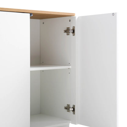 Buffet Agnes à bords incurvés de 140 cm de large, blanc cassé, plateau en chêne