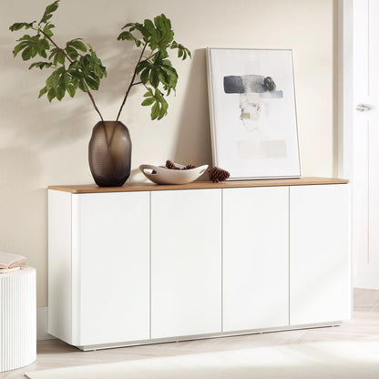 Buffet Agnes à bords incurvés de 140 cm de large, blanc cassé, plateau en chêne