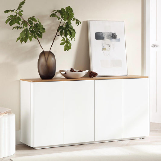 Buffet Agnes à bords incurvés de 140 cm de large, blanc cassé, plateau en chêne