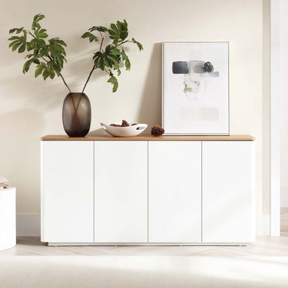 Buffet Agnes à bords incurvés de 140 cm de large, blanc cassé, plateau en chêne