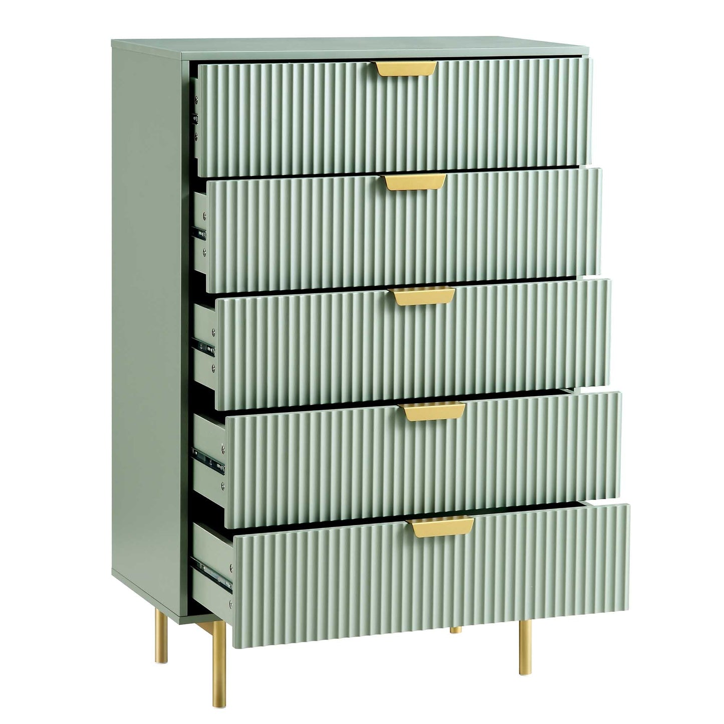 Commode Richmond striée à 5 tiroirs, vert sauge mat