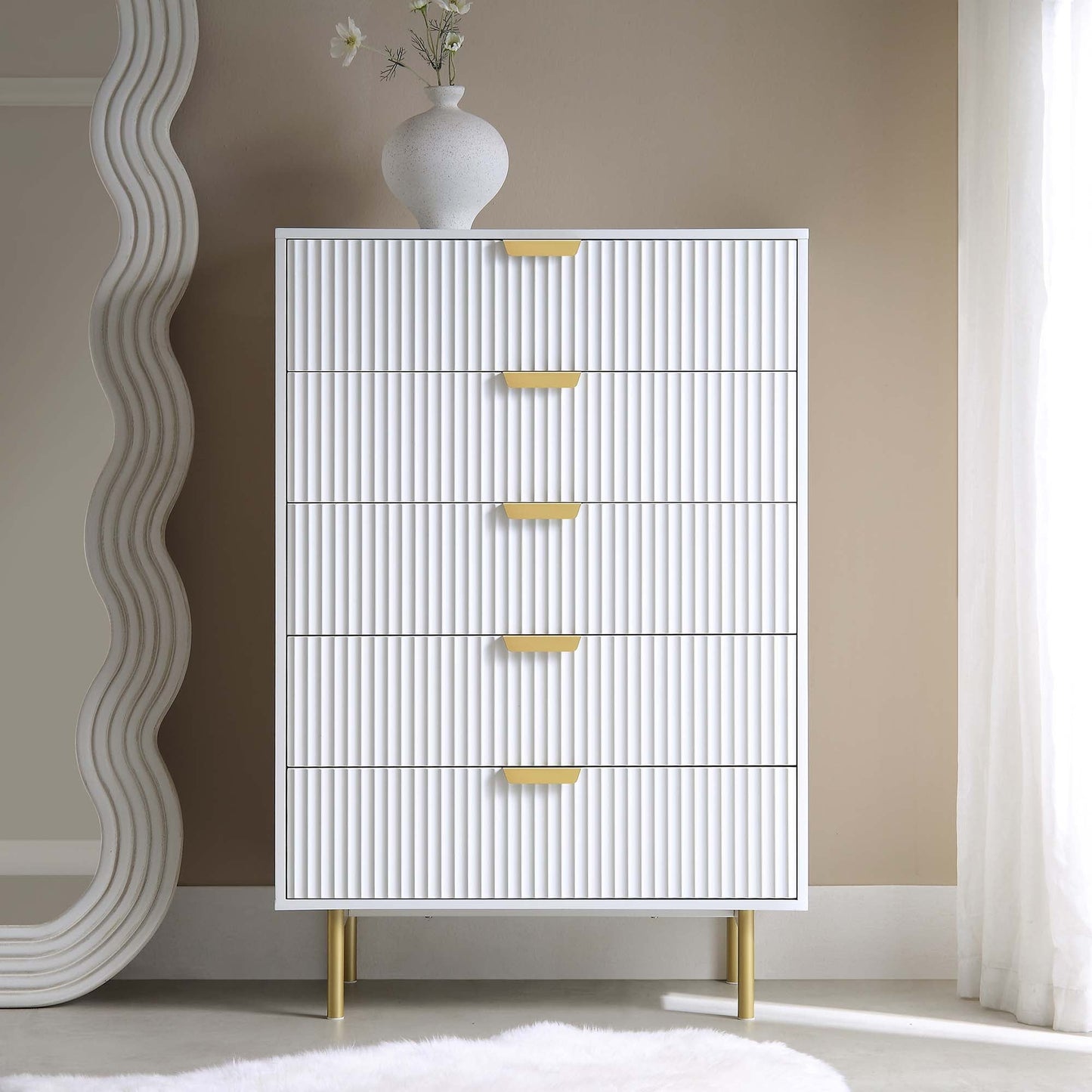 Commode Richmond Ridged à 5 tiroirs, blanc mat