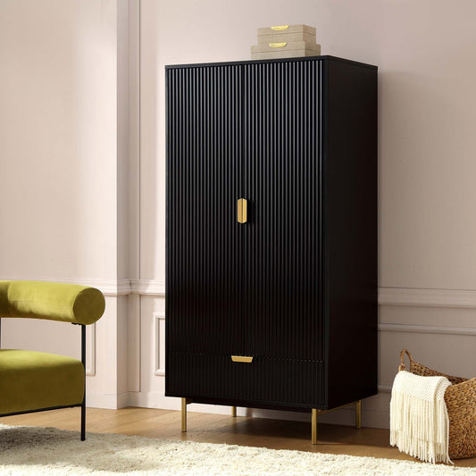 Armoire double Richmond à sillons avec tiroir, noir mat