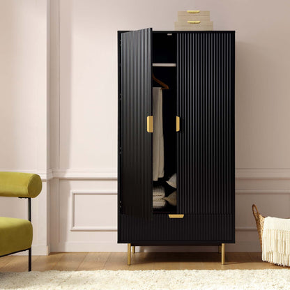 Armoire double Richmond à sillons avec tiroir, noir mat