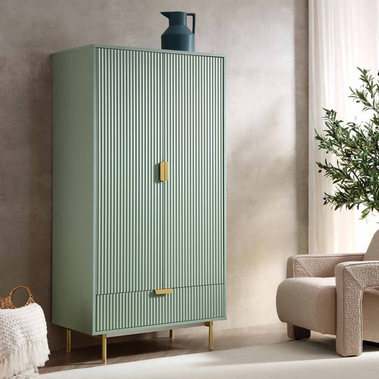 Armoire double Richmond striée avec tiroir, vert sauge mat