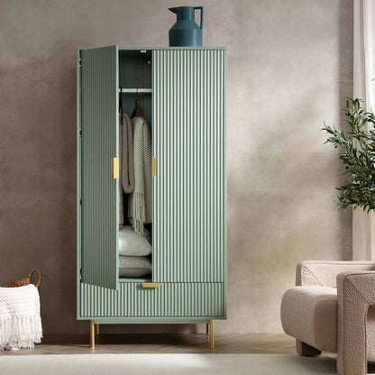 Armoire double Richmond striée avec tiroir, vert sauge mat