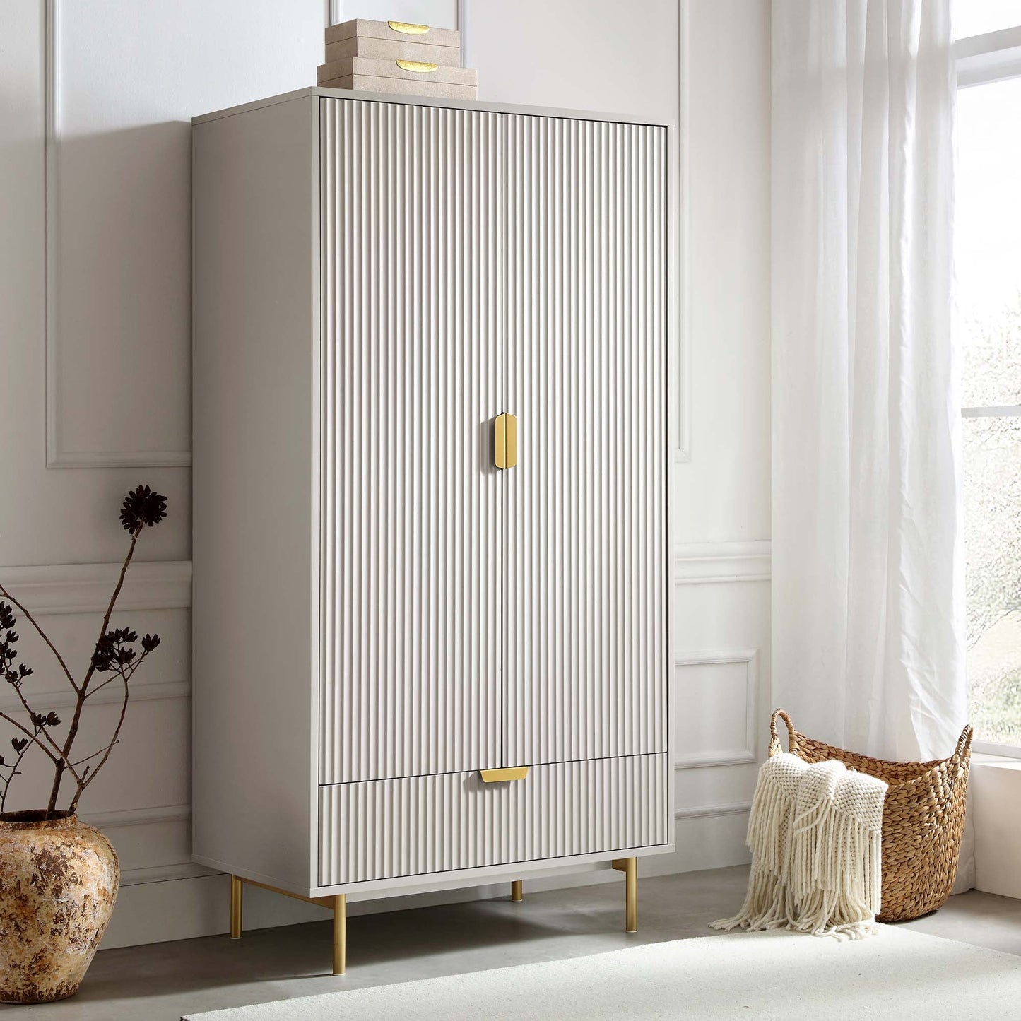 Armoire double Richmond à sillons avec tiroir, taupe mat