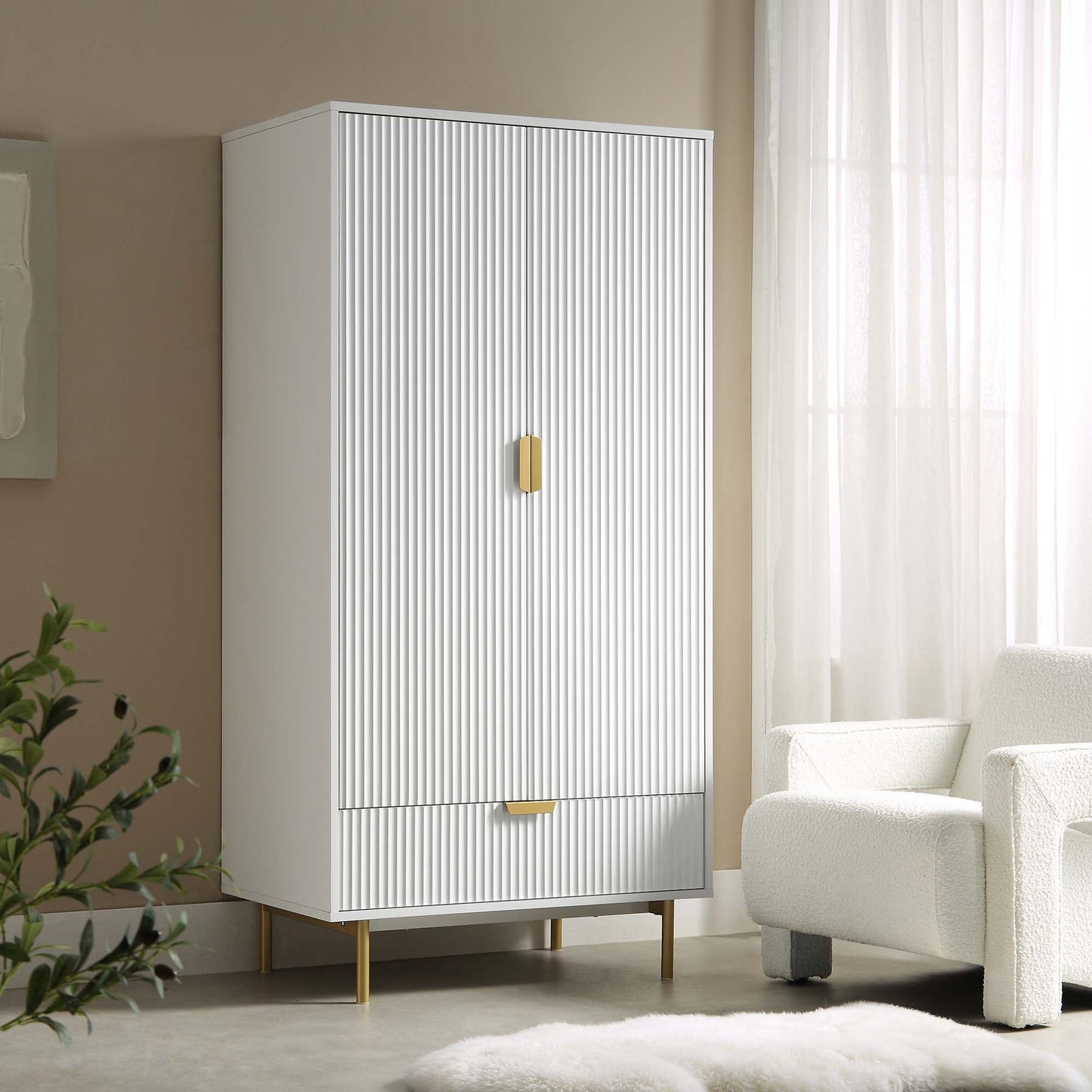 Armoire double Richmond à nervures avec tiroir, blanc mat