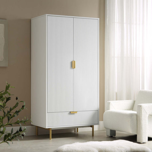 Armoire double Richmond à nervures avec tiroir, blanc mat