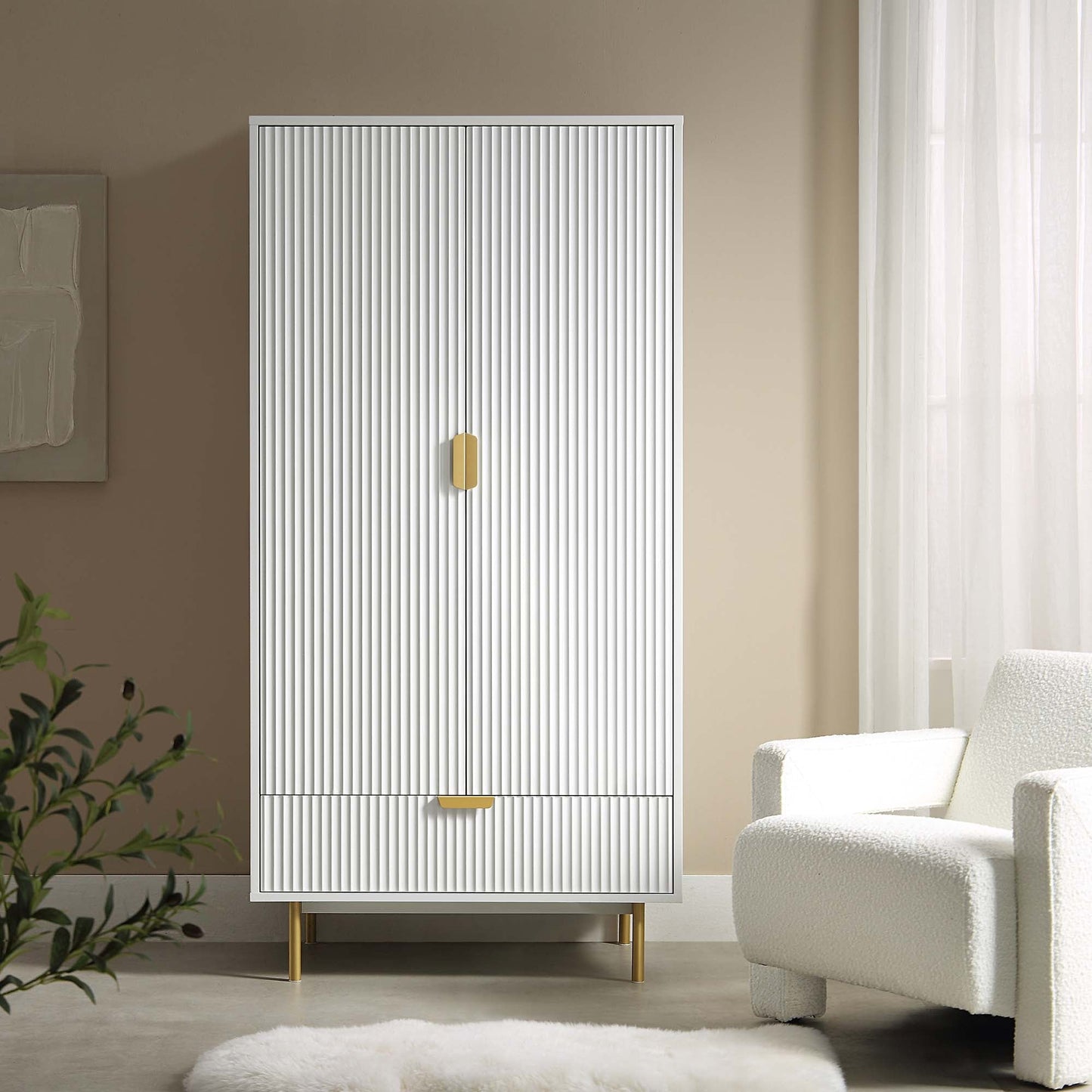 Armoire double Richmond à nervures avec tiroir, blanc mat