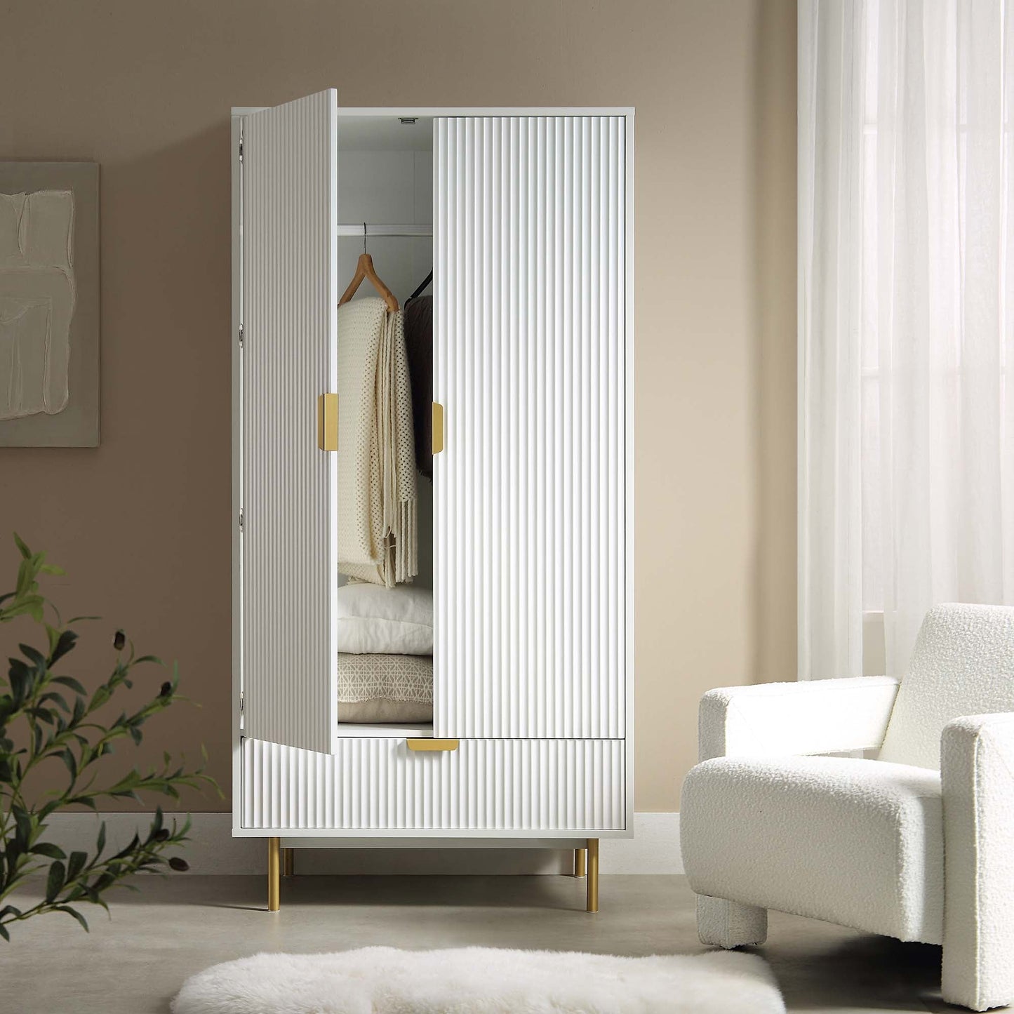 Armoire double Richmond à nervures avec tiroir, blanc mat