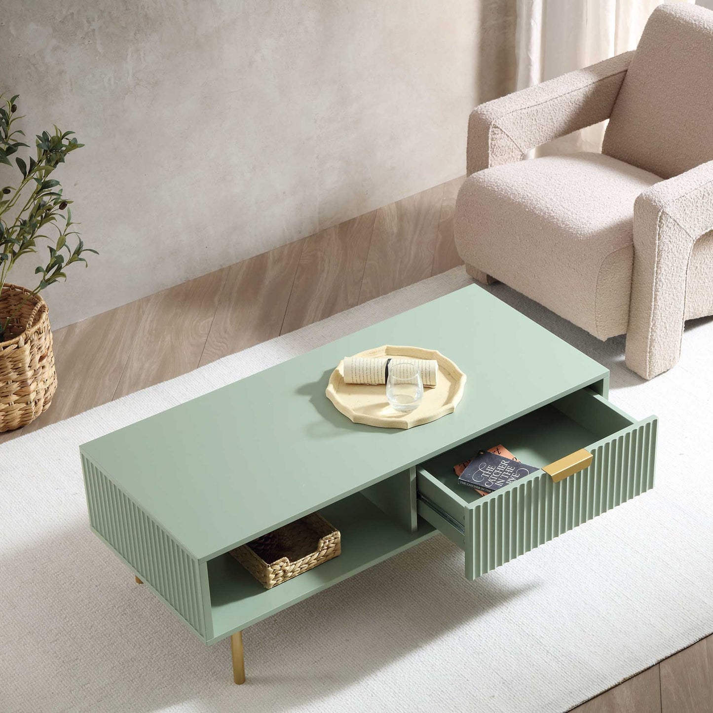 Table basse Richmond striée avec tiroir, vert sauge mat
