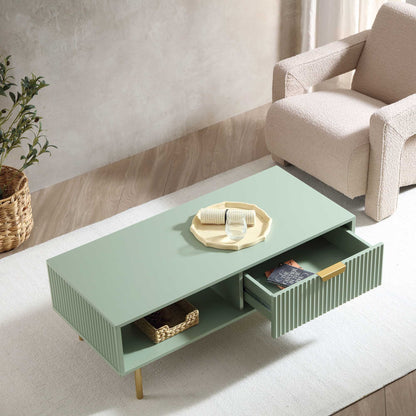 Table basse Richmond striée avec tiroir, vert sauge mat