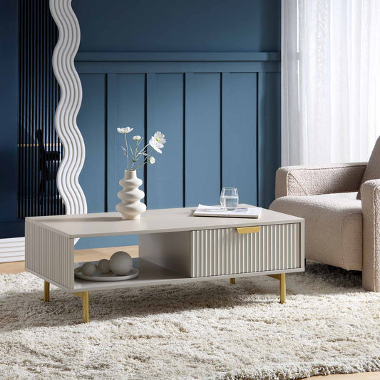 Table basse Richmond striée avec tiroir, taupe mat