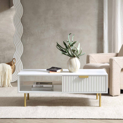 Table basse Richmond striée avec tiroir, blanc mat