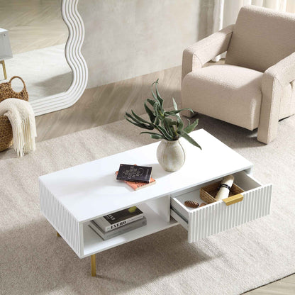 Table basse Richmond striée avec tiroir, blanc mat