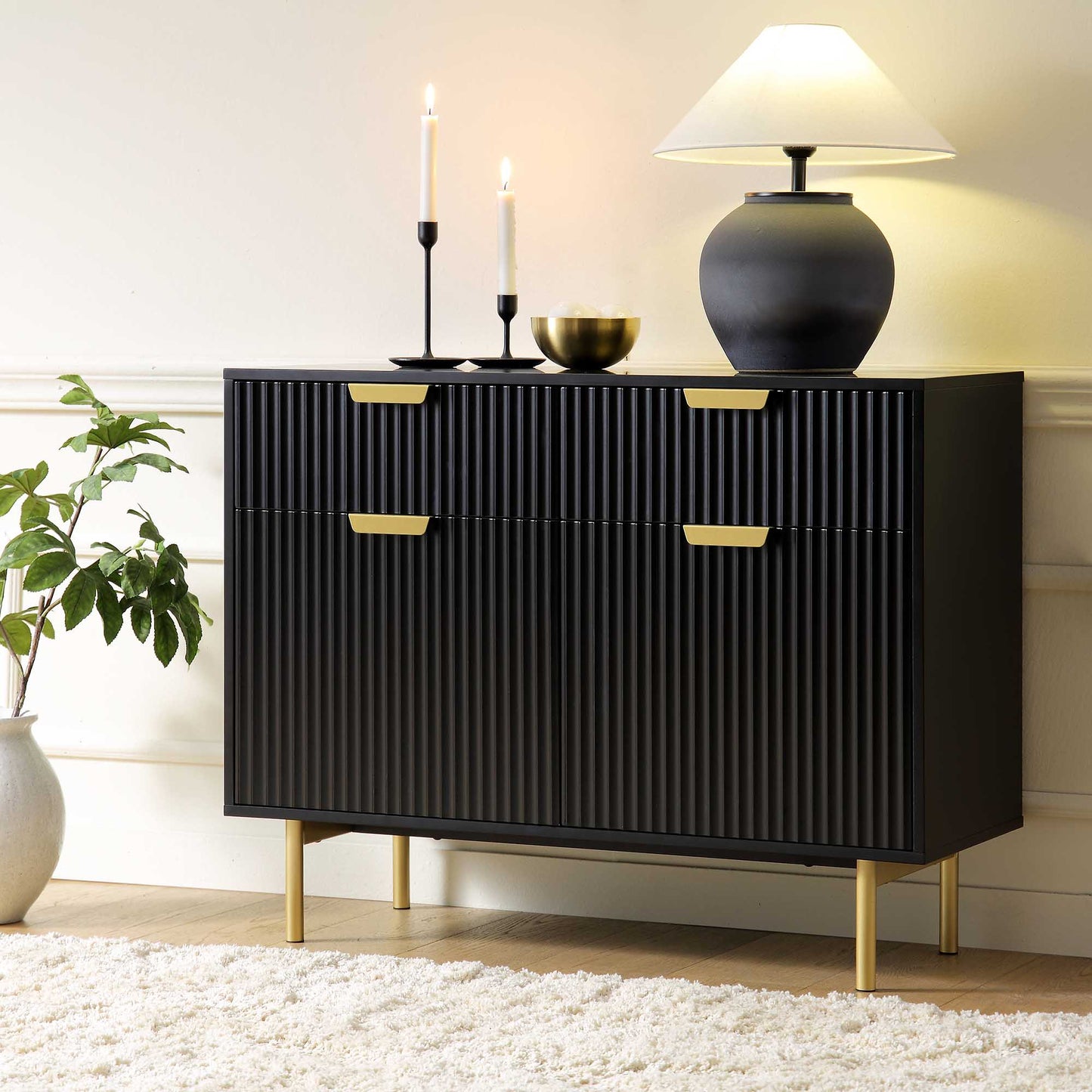 Armoire striée Richmond à 2 portes et tiroirs, noir mat