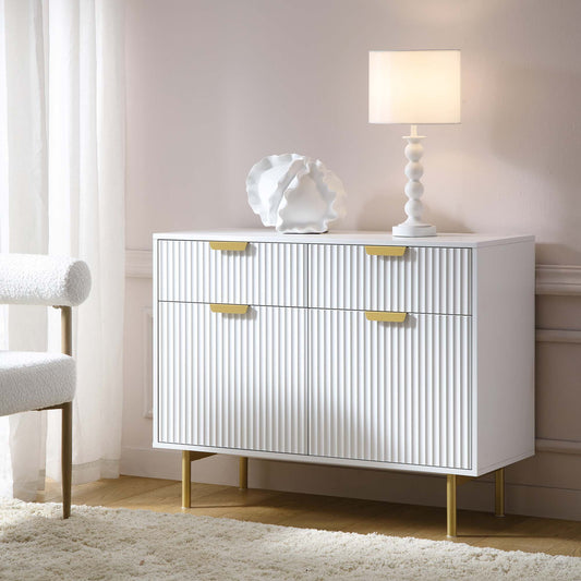 Armoire Richmond striée à 2 portes avec tiroirs, blanc mat