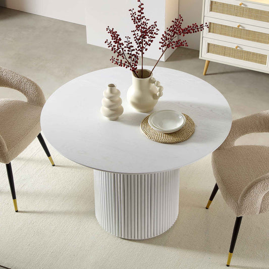 Table à manger ronde Maru en chêne, finition blanc délavé