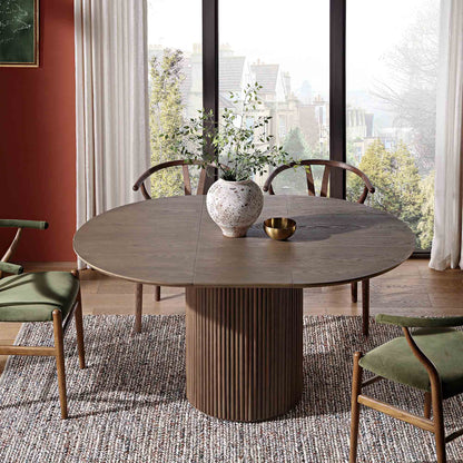 Table à manger ronde extensible Maru 4 à 6 places avec piédestal en chêne, chêne argenté