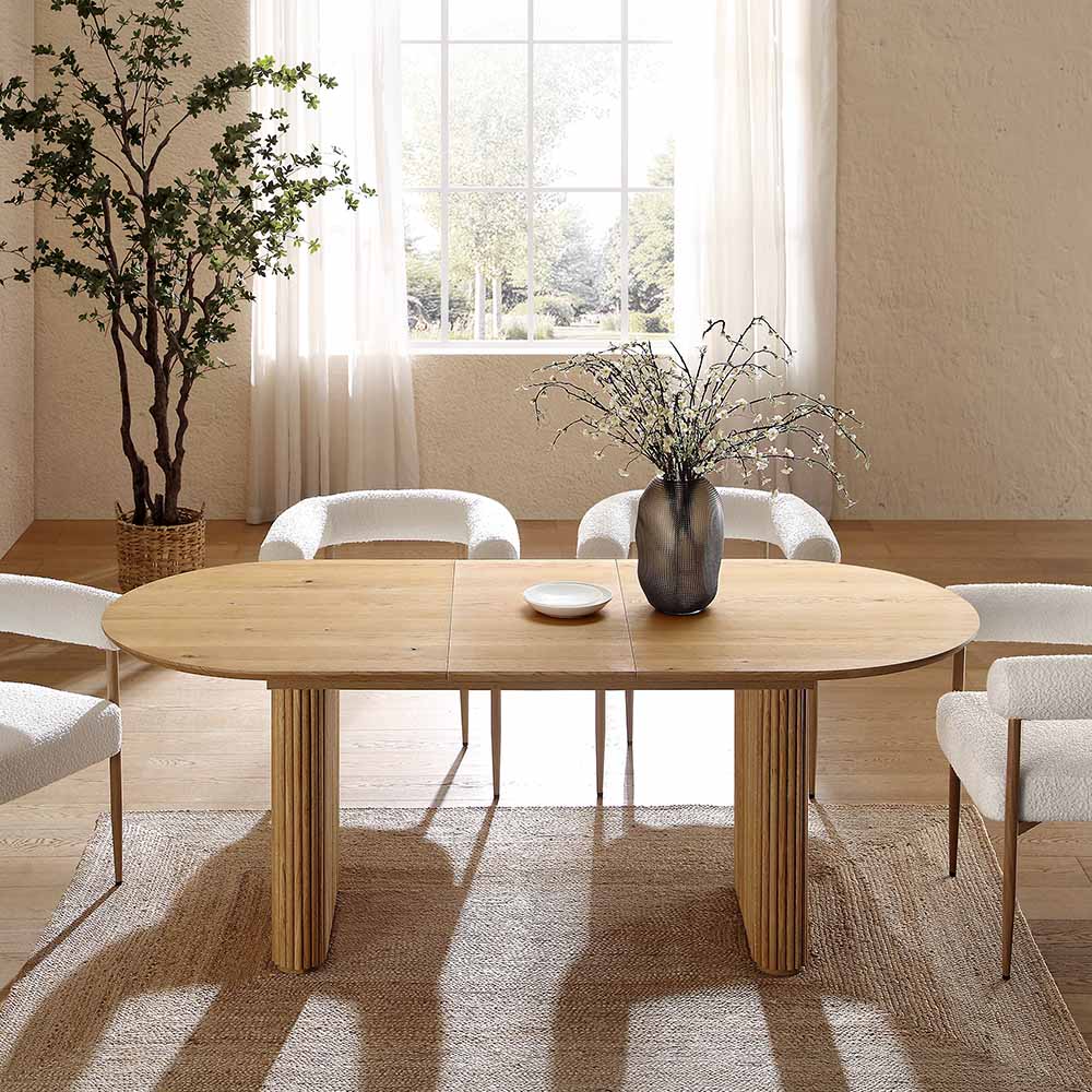 Table à manger ovale extensible Maru 6-8 places avec piédestal en chêne, chêne