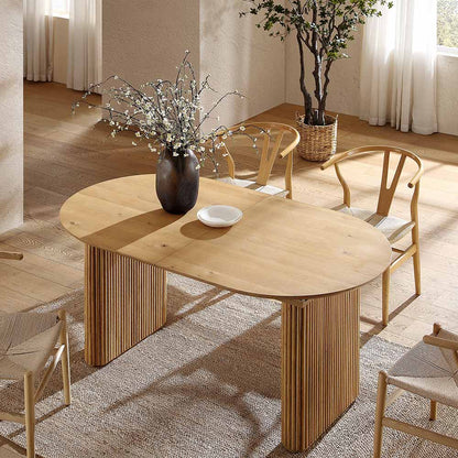 Table à manger ovale extensible Maru 6-8 places avec piédestal en chêne, chêne
